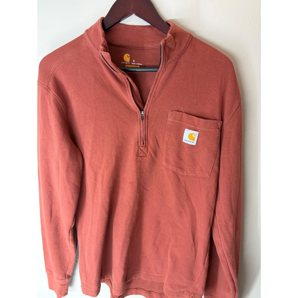 Carhartt Mens Relaxed Fit Quarter Zip Waffle Knit Pullover Clay Orange Small
